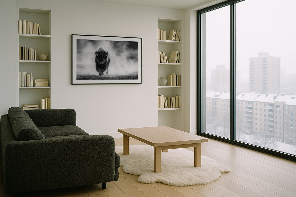 American Bison wall art print, framed with a white border, in a concrete rug black frame