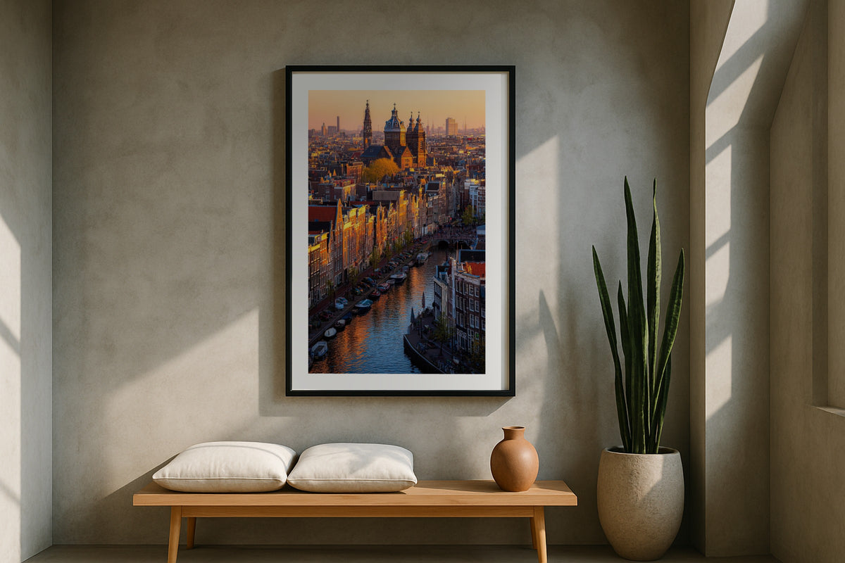 Oudezijds Voorburgwal wall art print, framed with a white border, in a concrete bench