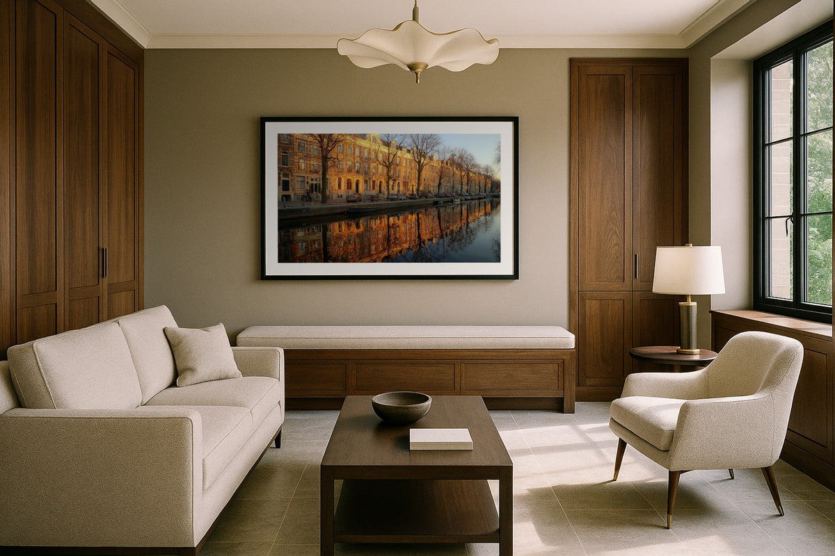 Amsterdam Canal at Sunset wall art print, framed with a white border, in a London windows fireplace