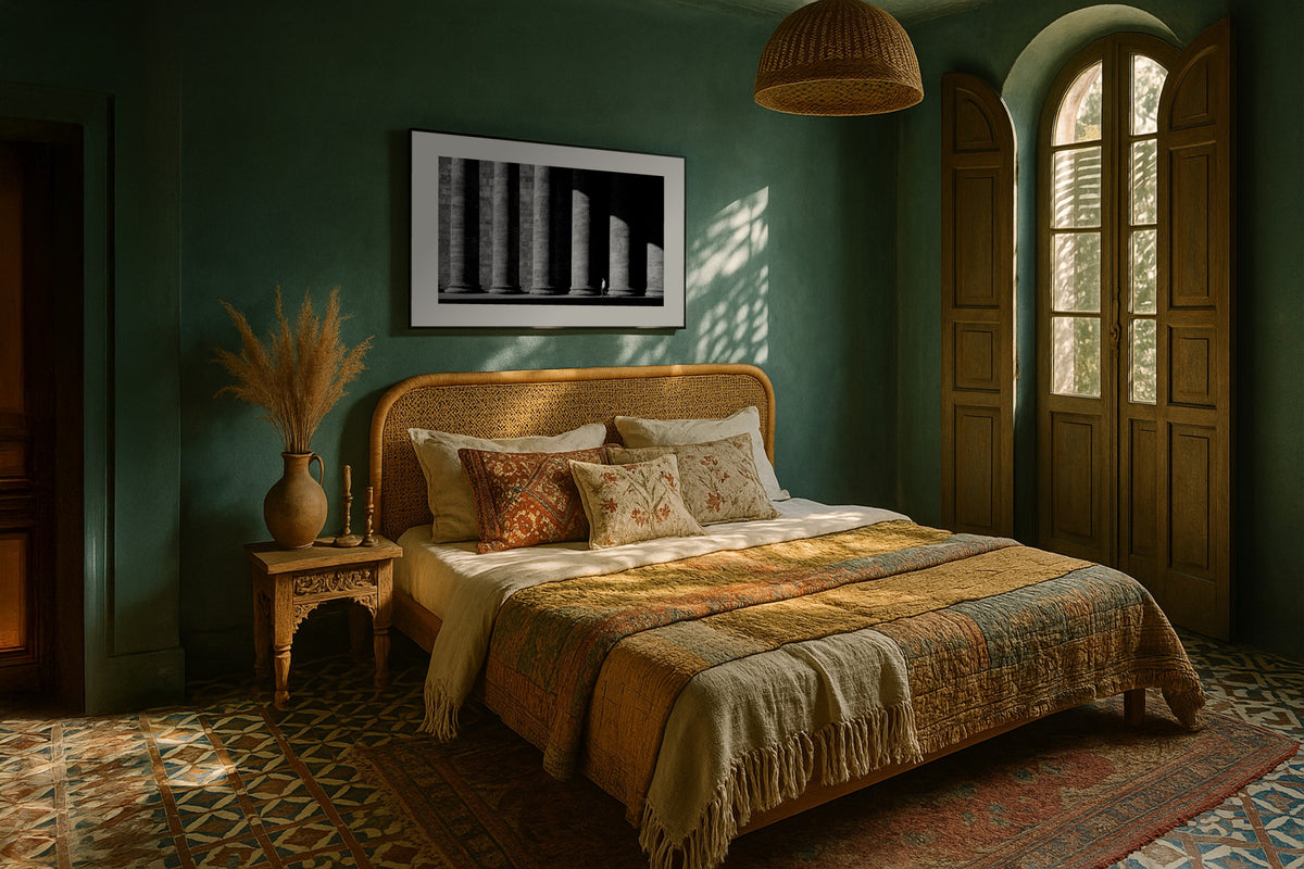 Ancient Stone Columns wall art print, framed with a white border, in a concrete rug black frame