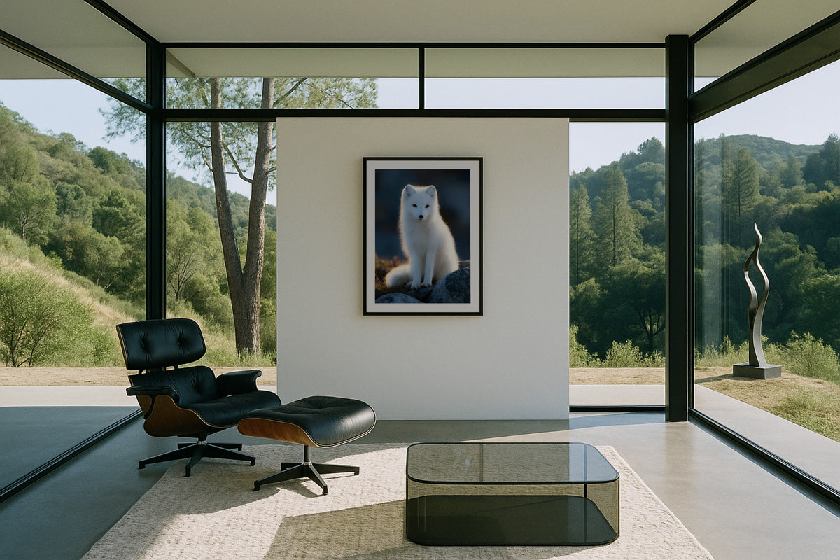 Arctic Fox II wall art print, framed with a white border, in a forest glass Eames chair