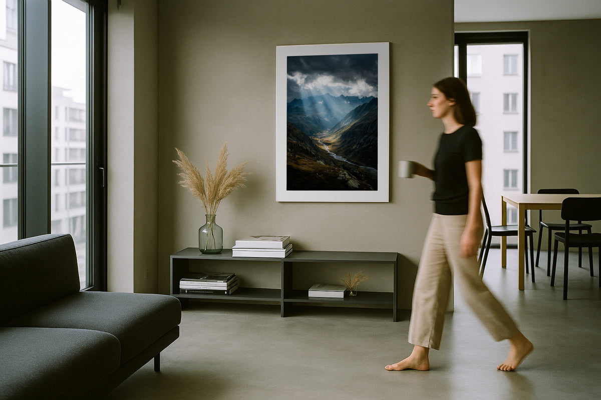 God Rays in the Alps wall art print, framed with a white border, in a cream sofa rust chairs