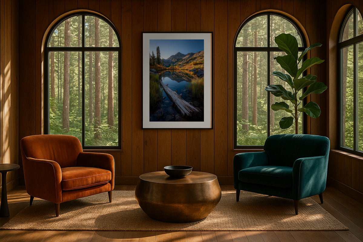 Autumn Alpine Pond wall art print, framed with a white border, in a forest arched windows