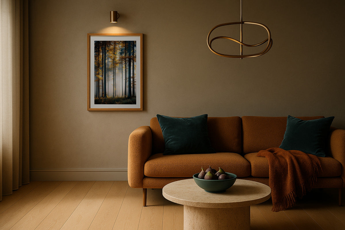 Beech Forest in Mist wall art print, framed with a white border, in a dark rust sofa