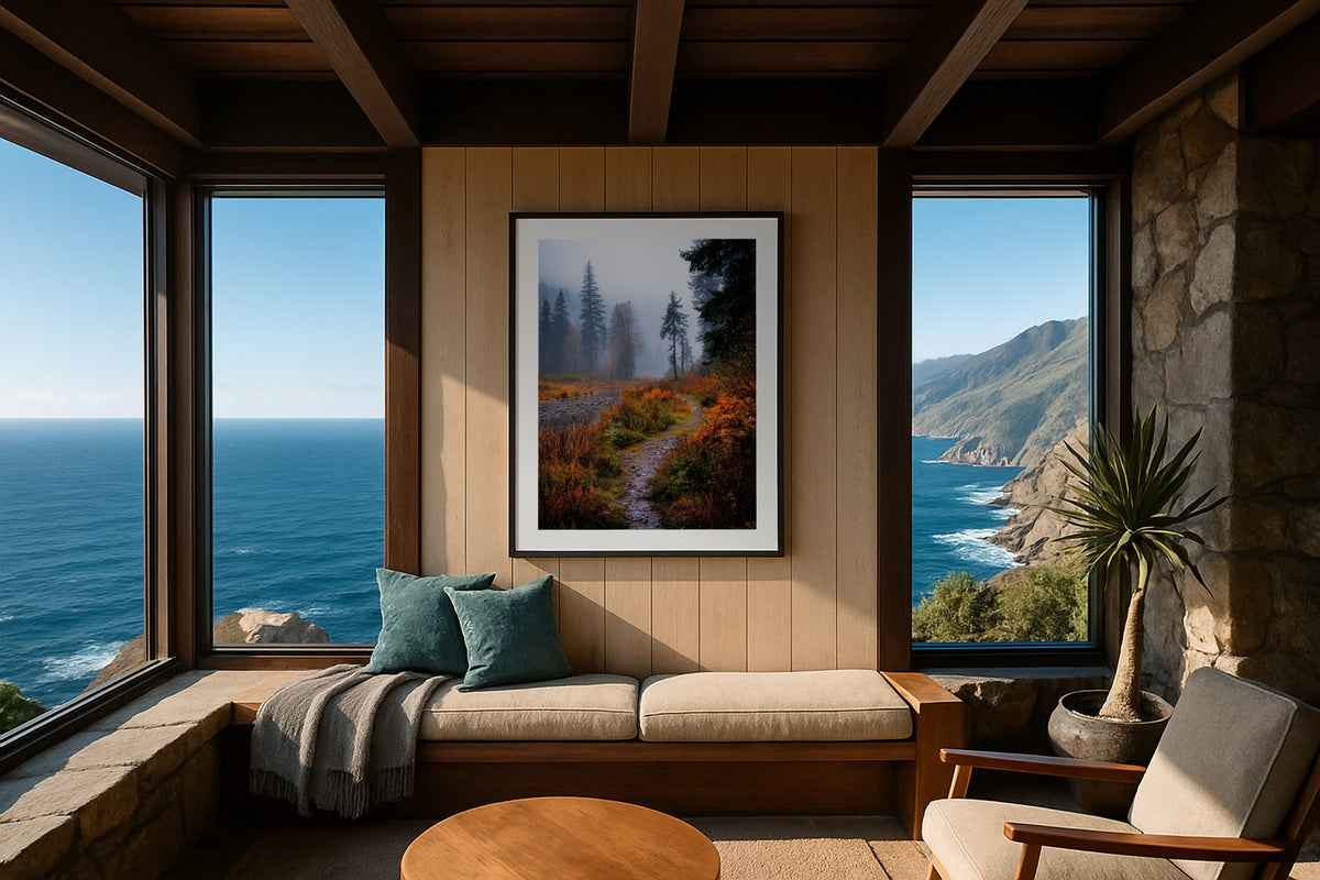 Foggy Forest Trail wall art print, framed with a white border, in a tropical sunken lounge