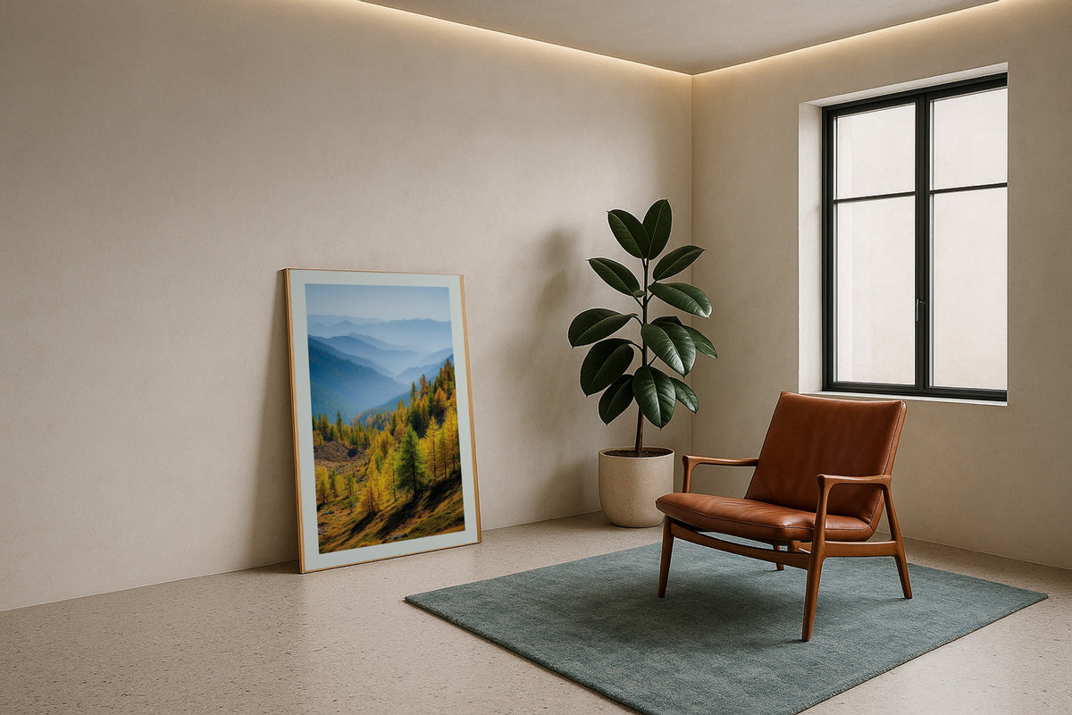 Larch and Blue Mountains wall art print, framed with a white border, in a tropical sunken lounge