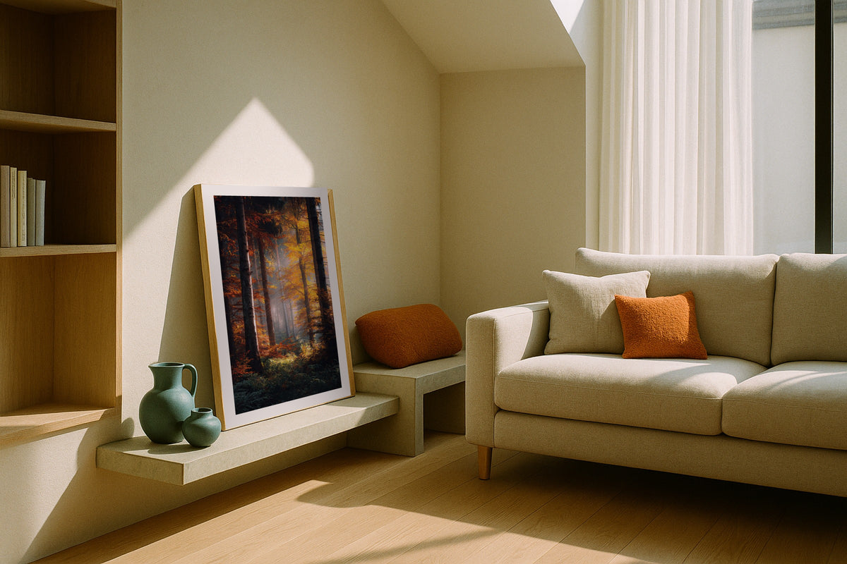 Autumn Sunbeam wall art print, framed with a white border, in a leaning nook sofa