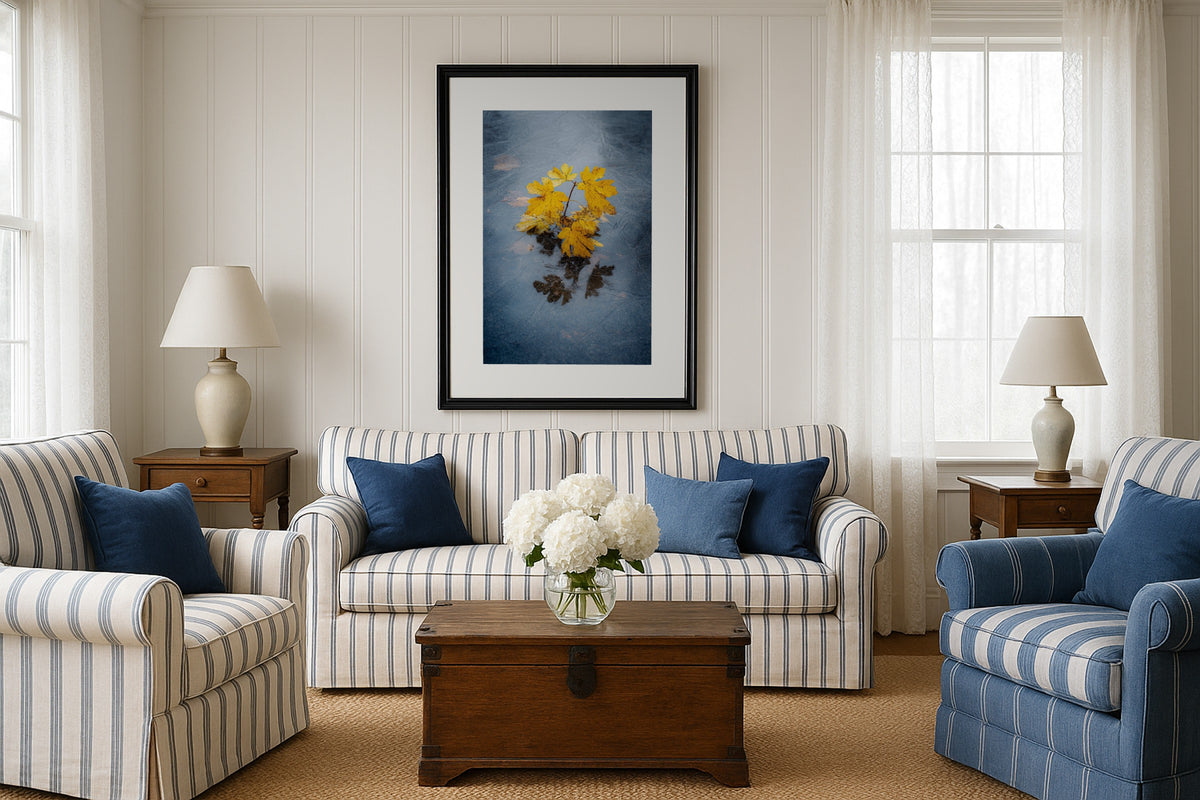 Leaf in Ice wall art print, framed with a white border, in a shiplap lantern