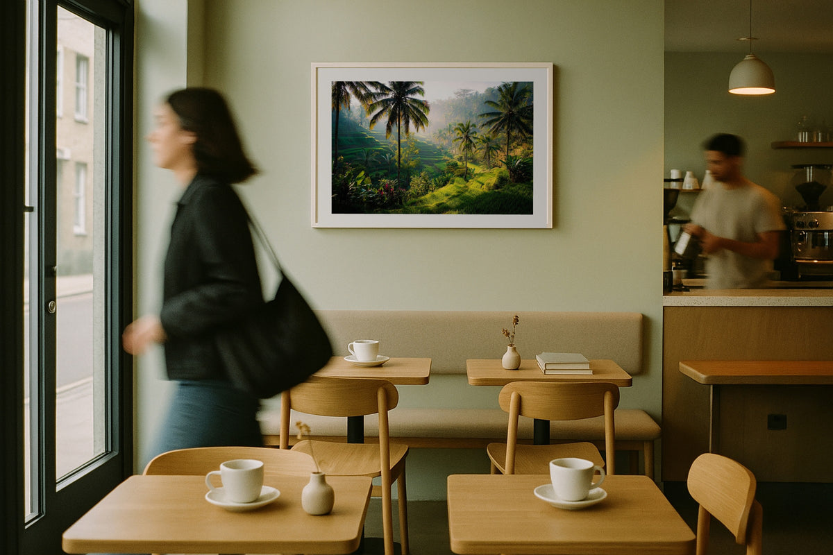 Bali Rice Fields wall art print, framed with a white border, in a dune beach arched window