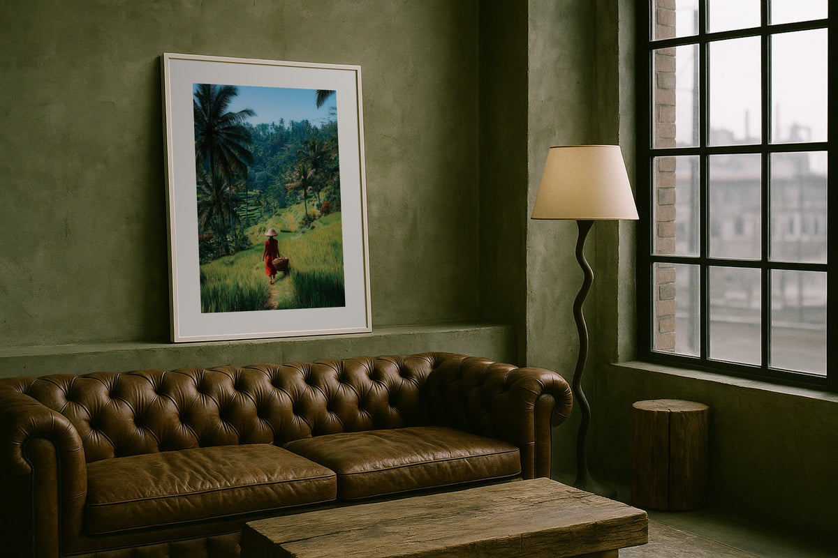 Bali Rice Fields Walk wall art print, framed with a white border, in a beach cottage curtains