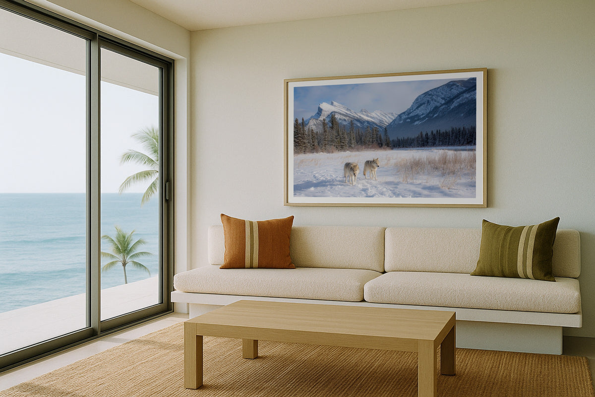 Banff Wolf wall art print, framed with a white border, in a cream sofa fiddle leaf