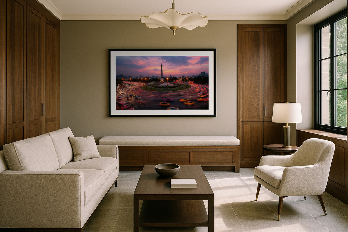 Victory Monument wall art print, framed with a white border, in a walnut panel lounge