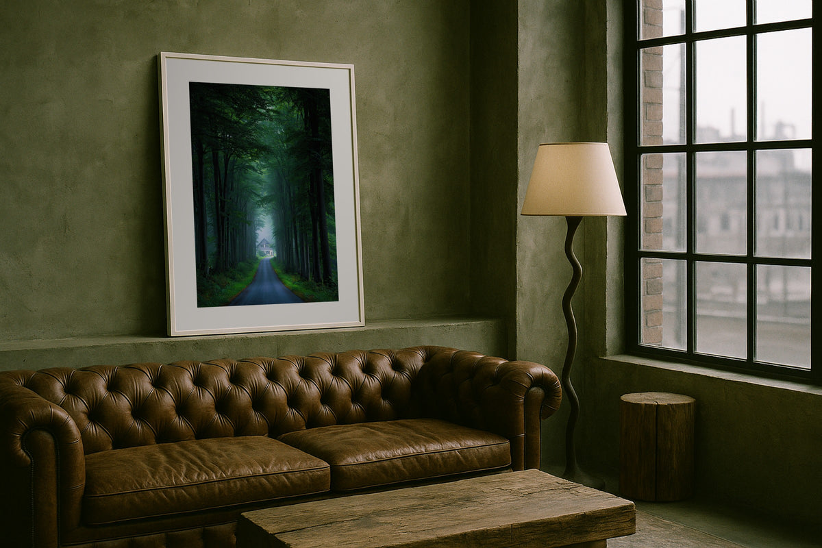 Beech Forest Road wall art print, framed with a white border, in a cactus garden rug