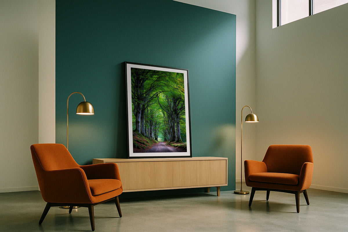 Beech Tree Avenue wall art print, framed with a white border, in a tropical sunken lounge