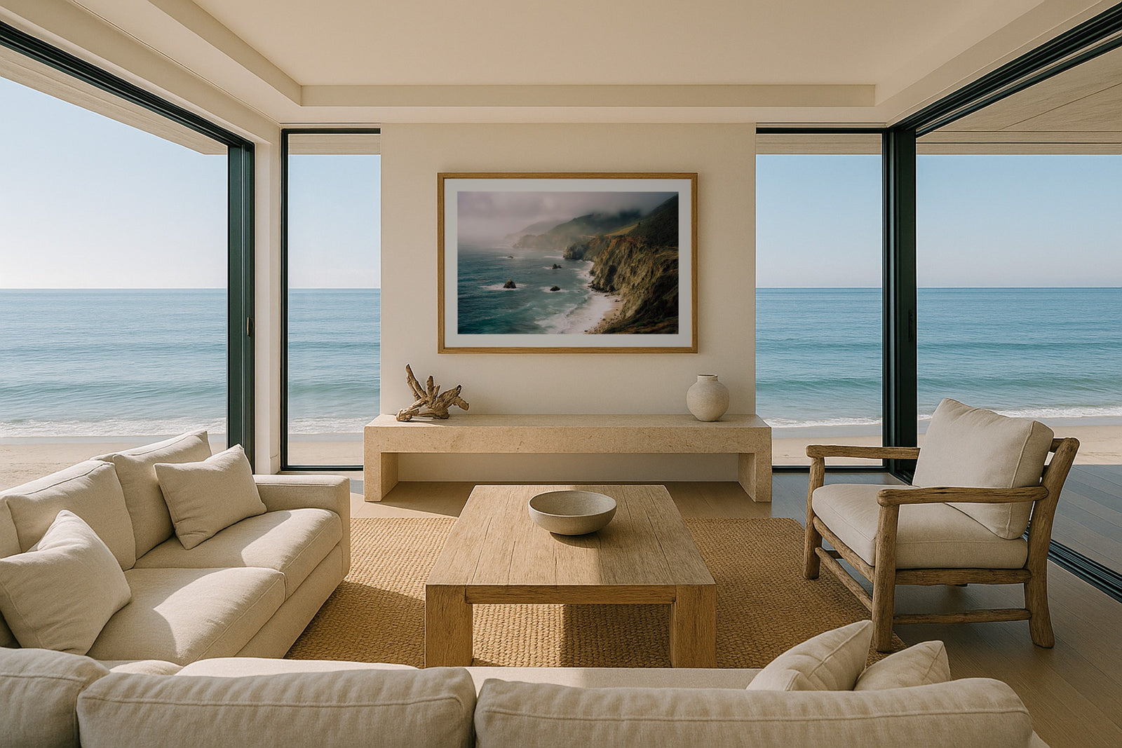Big Sur, framed in natural wood with a white border, above a console in a beach house