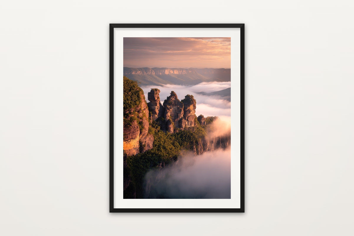 Three Sisters at Sunrise wall art print – An aerial sunrise over the Three Sisters, Blue Mountains
