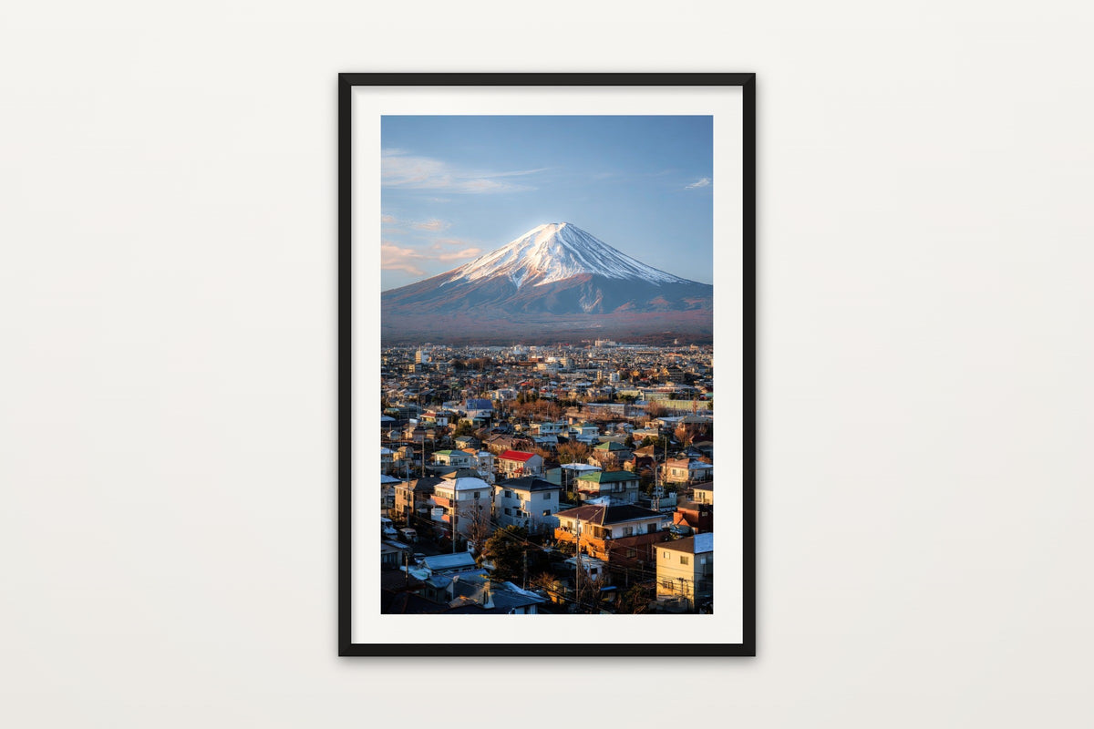 Fuji over Fujiyoshida II wall art print – Snow-capped Mount Fuji above the city of Fujiyoshida, Japan