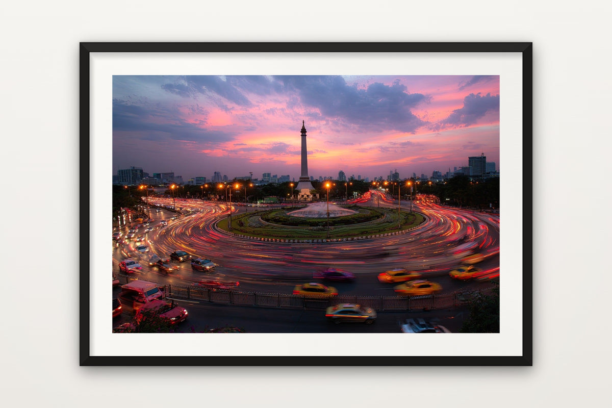 Victory Monument wall art print – Bangkok's Victory Monument at sunset, Thailand