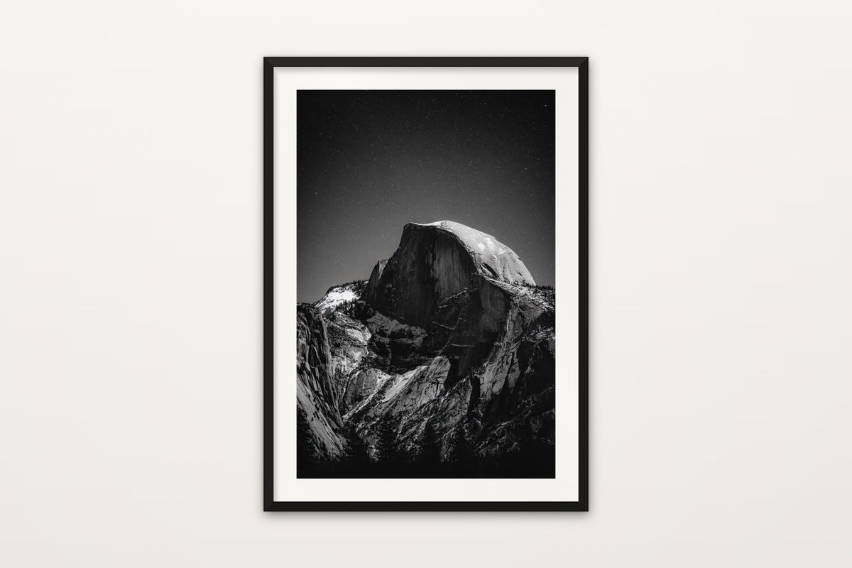 Half Dome at Night wall art print – Half Dome under a moonlit starry sky in black and white, Yosemite