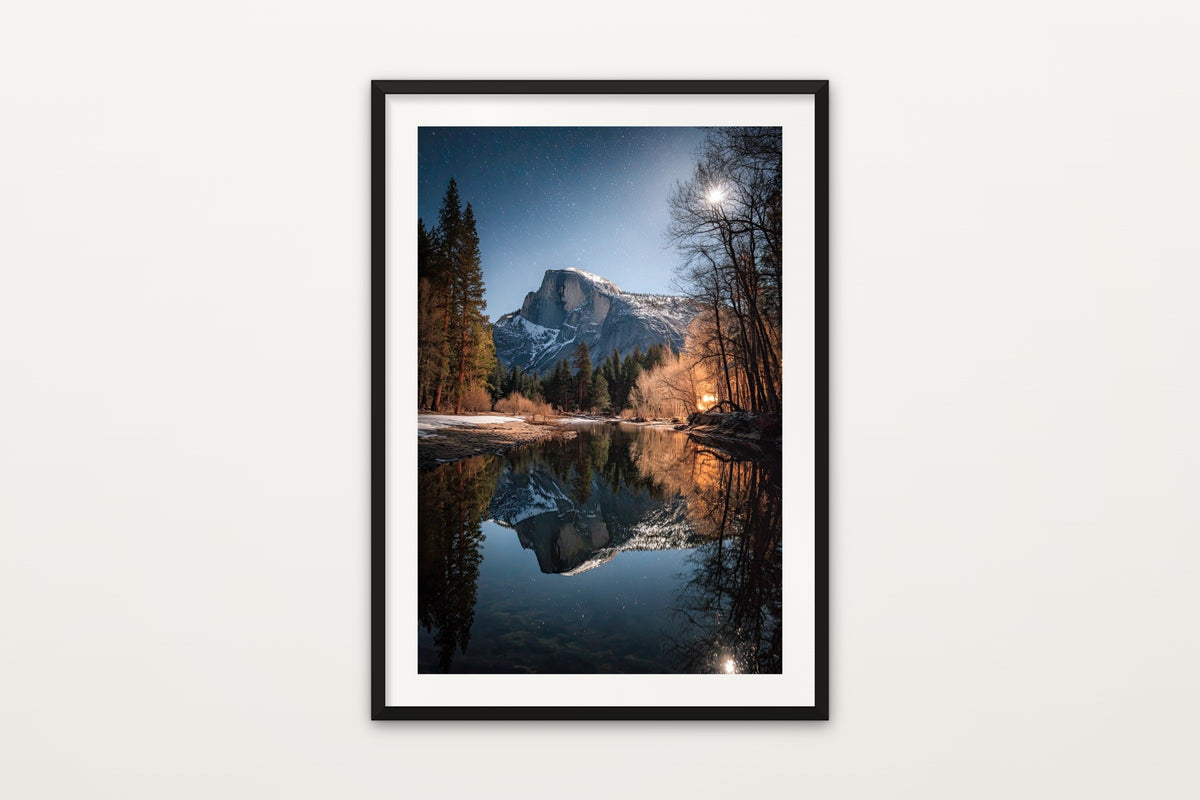 Half Dome Moonrise wall art print – Moonrise over Half Dome reflected in the Merced River, Yosemite