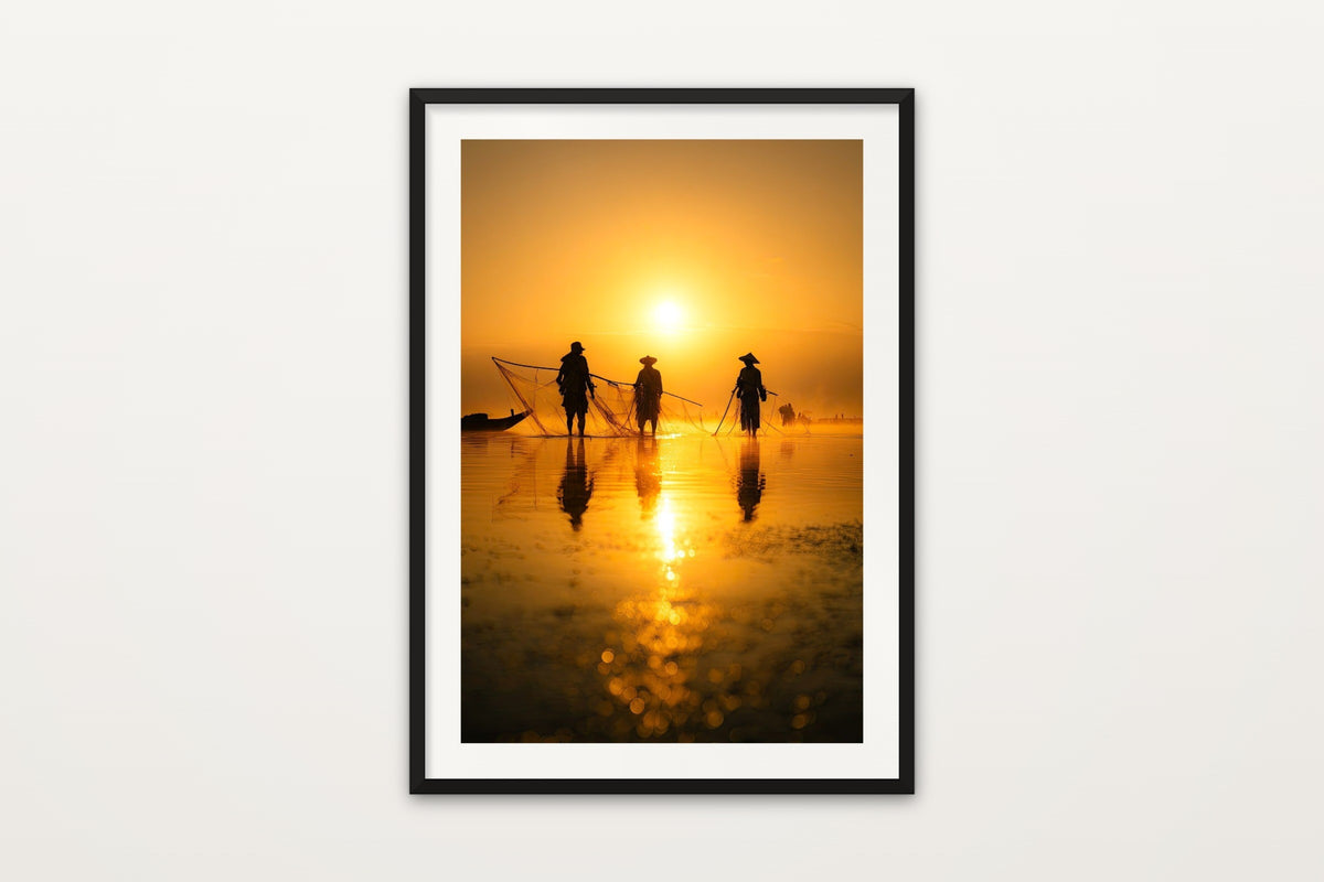 Fishermen at Sunset wall art print – Fishermen silhouetted on a golden river at sunset, Southeast Asia
