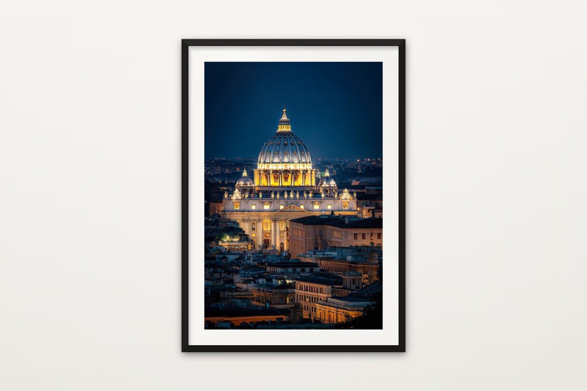 St. Peter’s at Night II wall art print – The illuminated dome of St Peter's Basilica at night, Vatican City