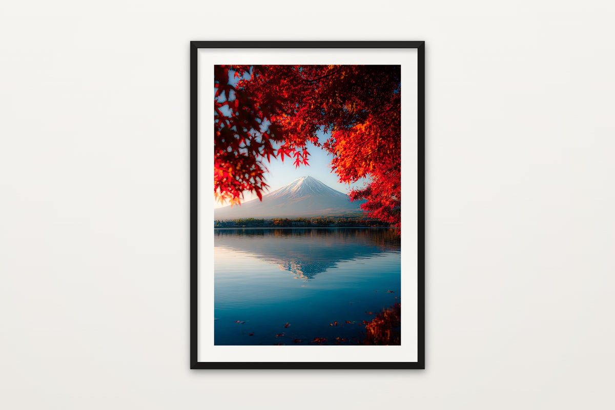 Fuji Through Maple wall art print – Mount Fuji seen through autumn maple leaves at Lake Kawaguchiko