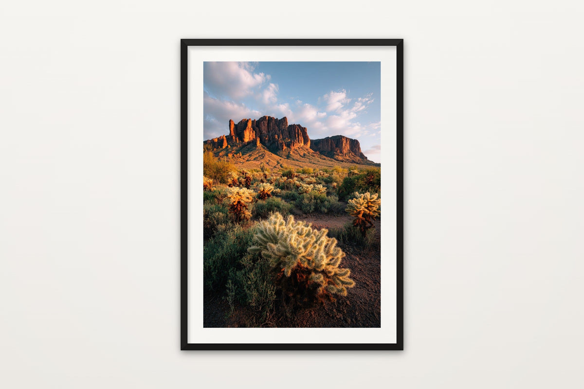 Superstitions at Sunset wall art print – Cacti beneath the Superstition Mountains in the Sonoran Desert, Arizona