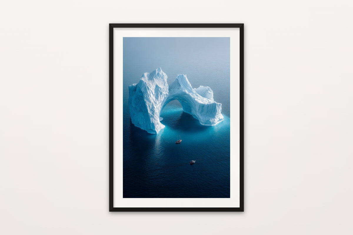 Iceberg Arch wall art print – An aerial view of an iceberg arch in the Arctic Ocean, Greenland