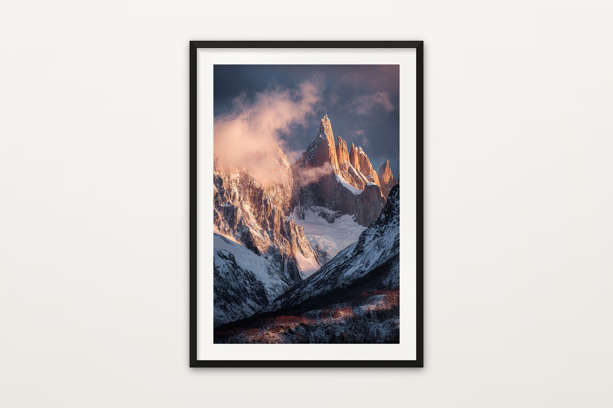 Cerro Torre Alpenglow wall art print – Golden alpenglow on snowy Cerro Torre, Patagonia