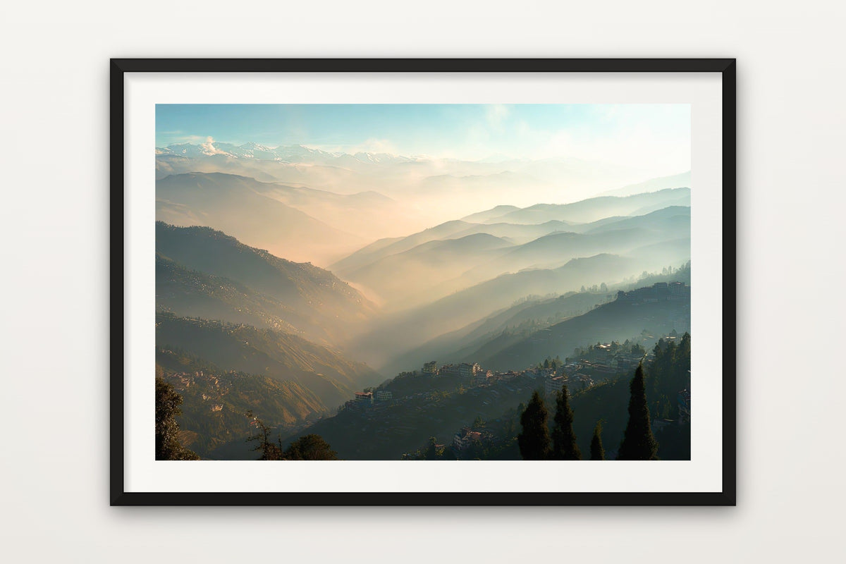 Darjeeling at Sunrise wall art print – Sunrise over the misty Himalaya from Darjeeling, India