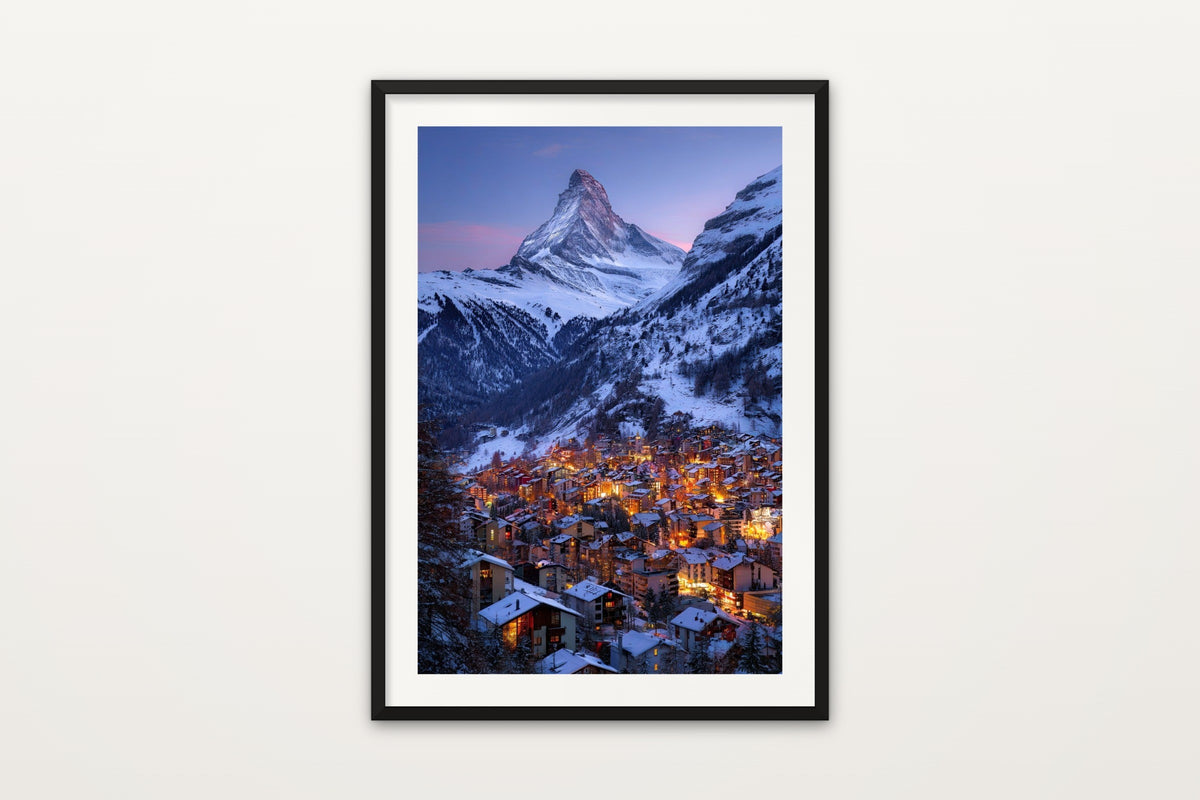Zermatt at Twilight wall art print – Zermatt village at twilight beneath the Matterhorn