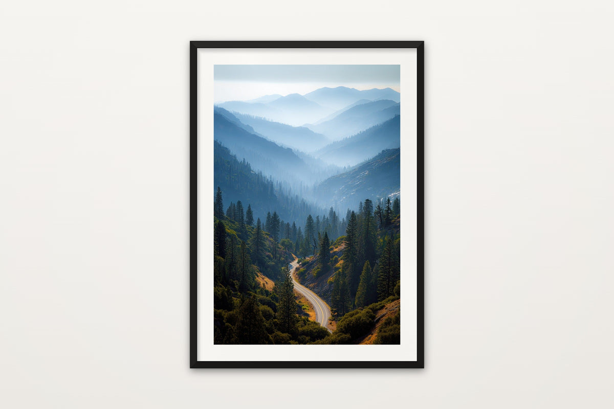 Sierra Nevada Road wall art print – A misty pine highway through the Sierra Nevada, California