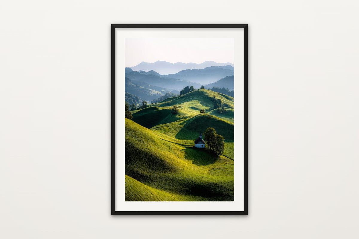 Škofja Loka Hills wall art print – A chapel on the rolling hills of Škofja Loka in morning light, Slovenia