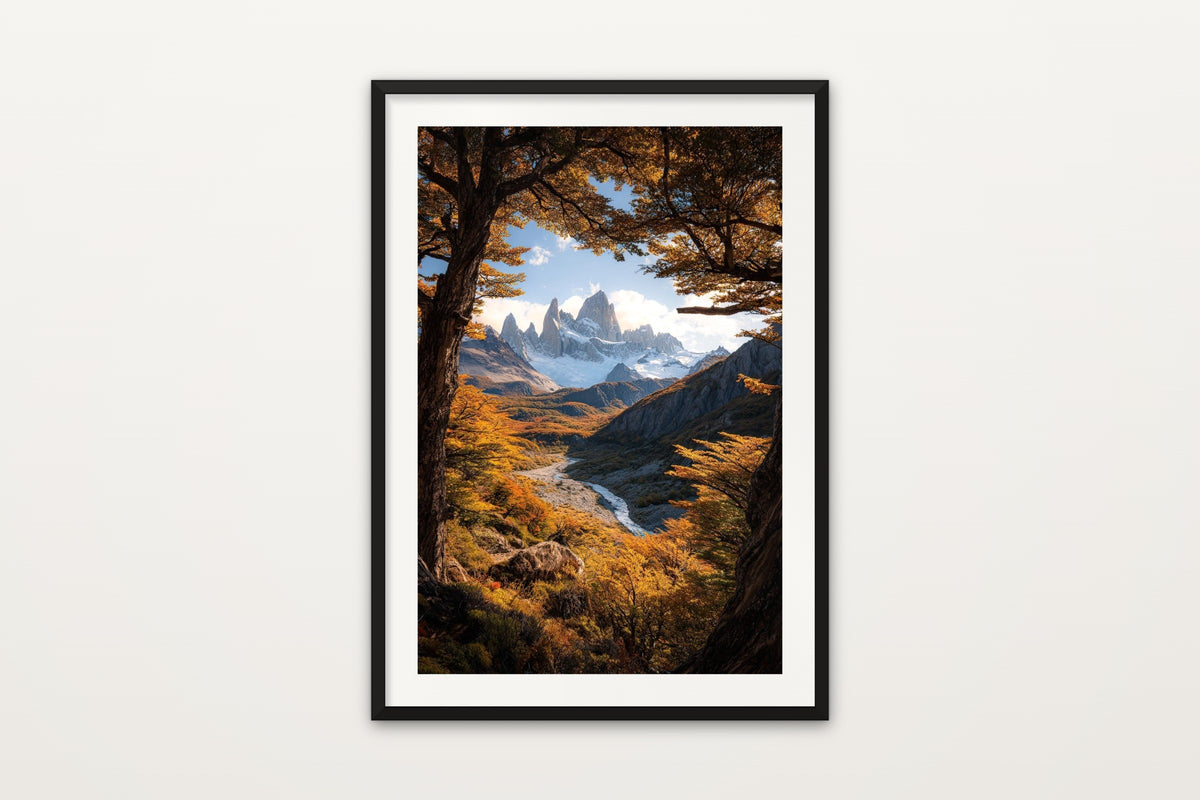 Fitz Roy Autumn Valley wall art print – A golden autumn forest valley beneath Fitz Roy, El Chaltén