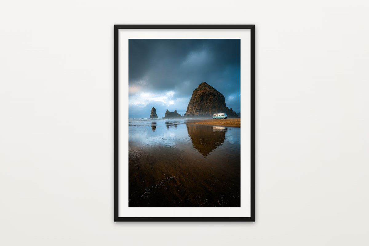 Campervan at Haystack Rock wall art print – A campervan at Haystack Rock on Cannon Beach, Oregon