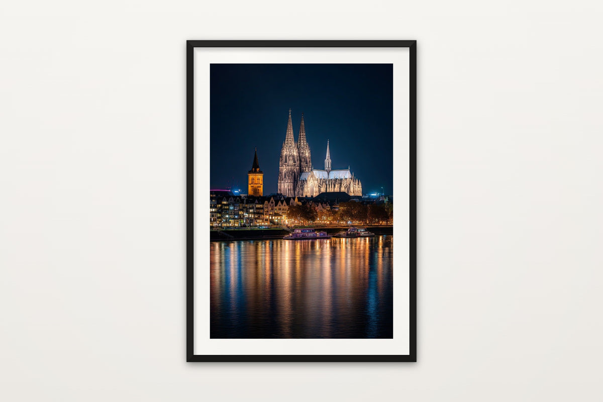 Cologne Cathedral wall art print – Cologne Cathedral reflected in the Rhine at night, Germany