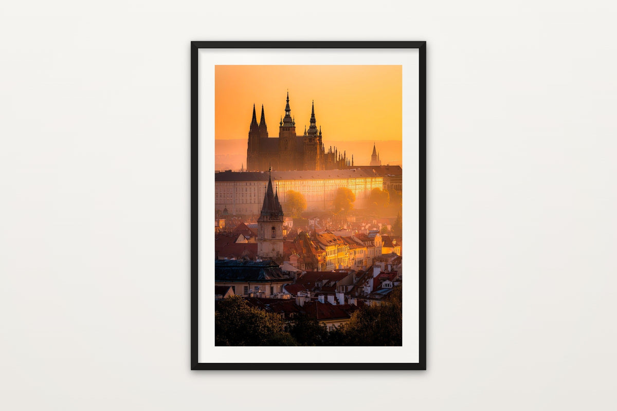 Prague in Golden Mist wall art print – Prague Castle and St Vitus Cathedral in golden sunrise mist