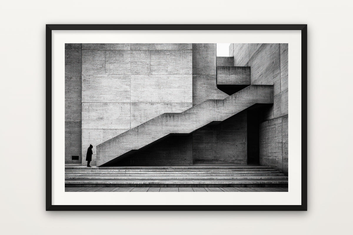 Barbican Staircase wall art print – A brutalist concrete staircase at the Barbican, London, in black and white