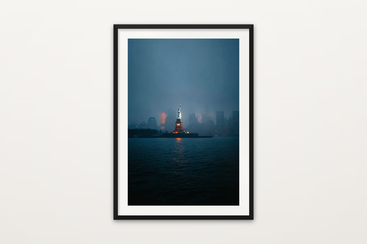Liberty in Fog wall art print – The Statue of Liberty in fog against the Manhattan skyline at night