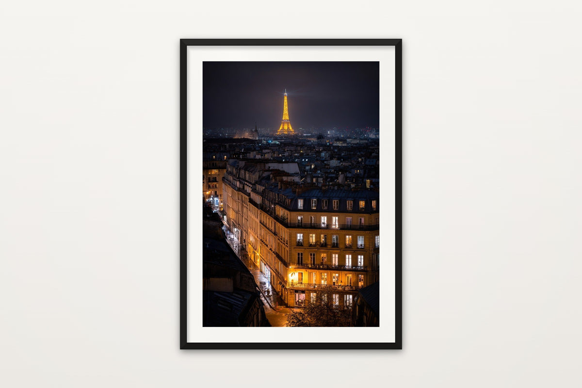 Paris Rooftops at Night wall art print – Paris rooftops and the Eiffel Tower lit up at night