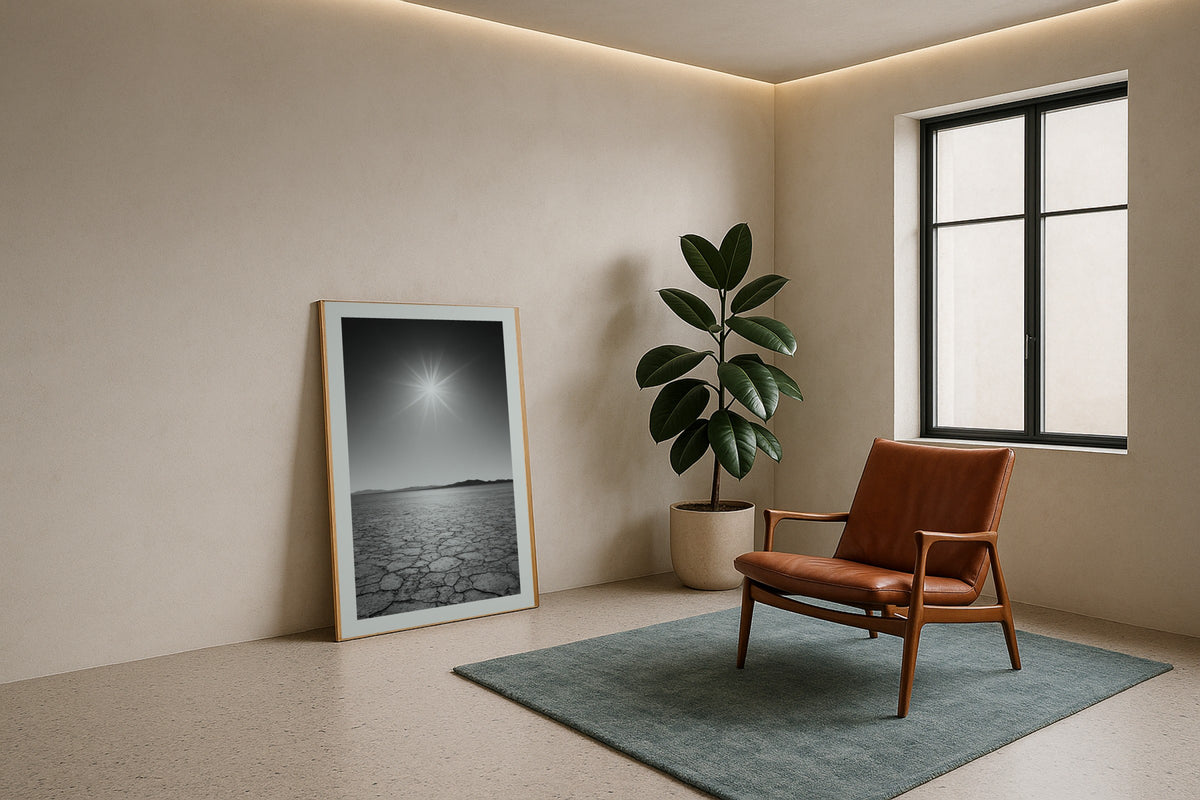 Black Rock Desert wall art print, framed with a white border, in a terrazzo floor magazine