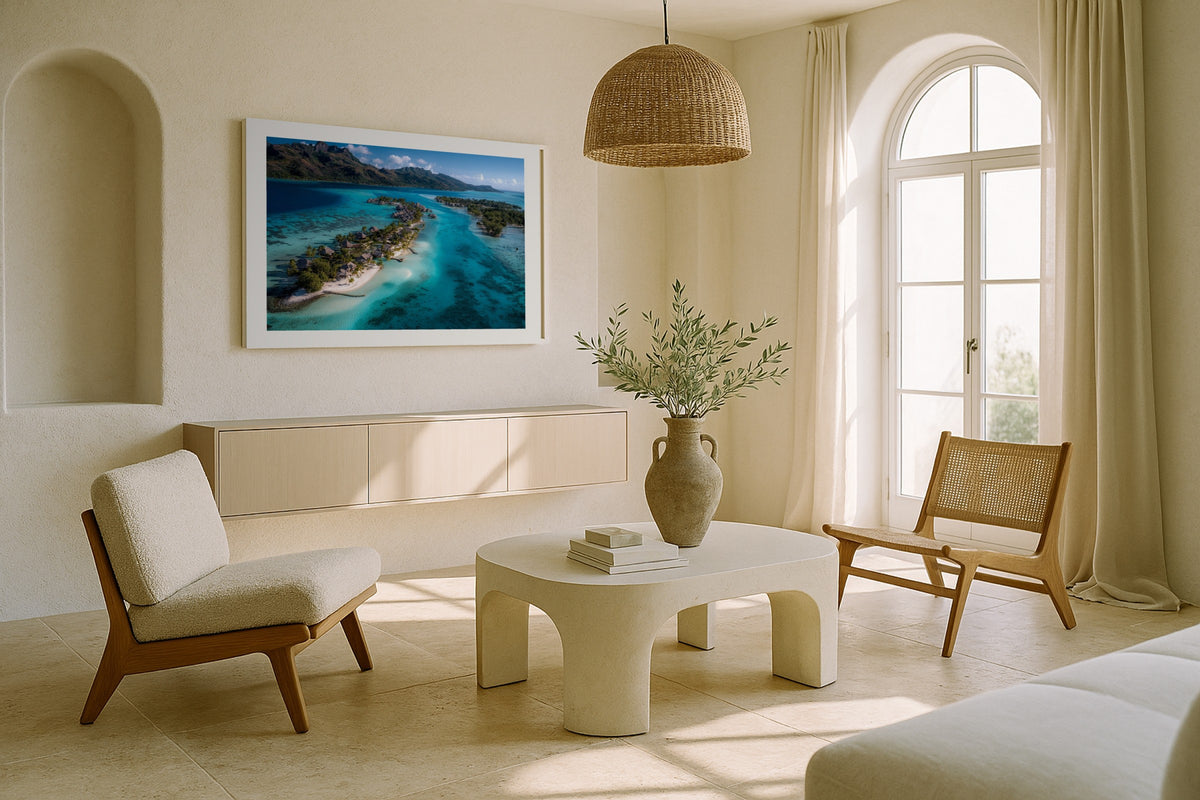 Bora Bora from Above wall art print, framed with a white border, in a ocean terrace palms