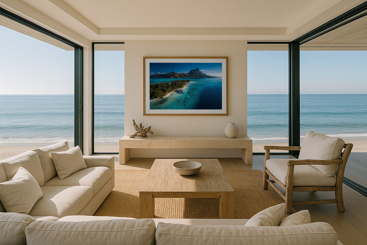 Bora Bora Lagoon wall art print, framed with a white border, in a beach house panorama