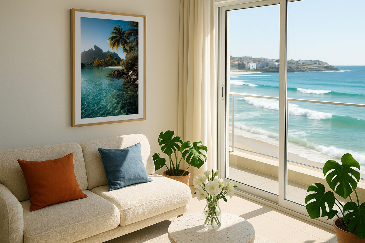 Bora Bora Lagoon II wall art print, framed with a white border, in a Bondi beach balcony