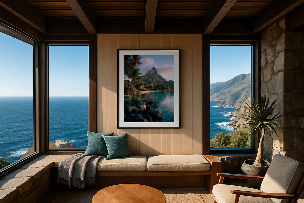Mount Otemanu wall art print, framed with a white border, in a coastal cliff wood panel