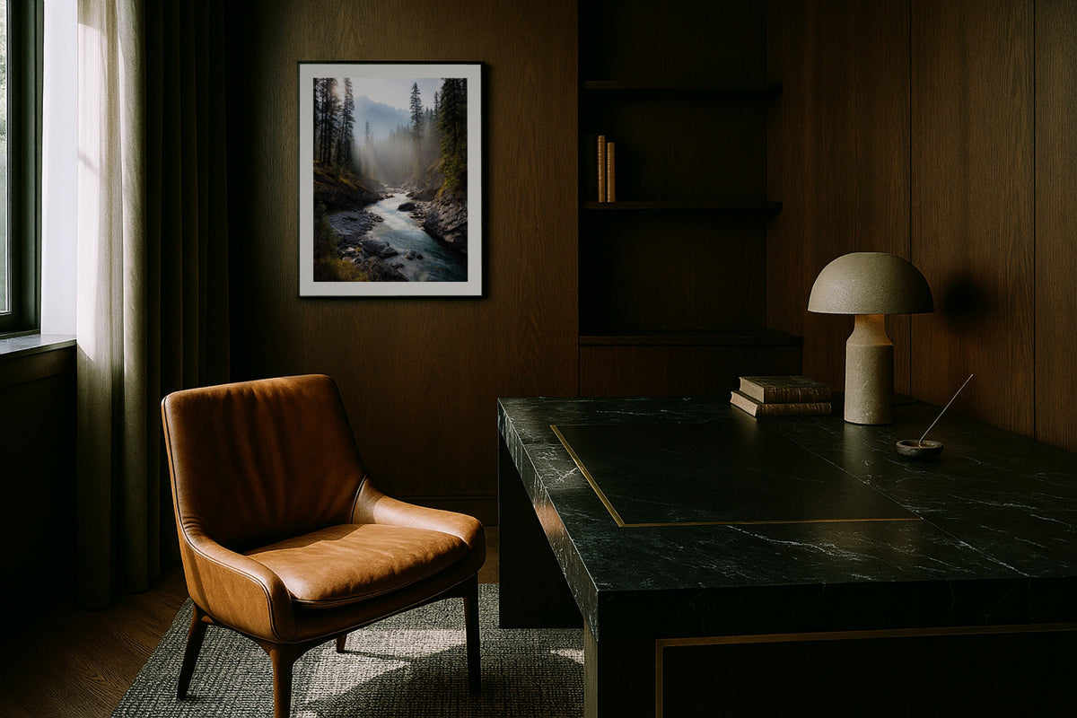 Bow River wall art print, framed with a white border, in a dark wood office leather chair