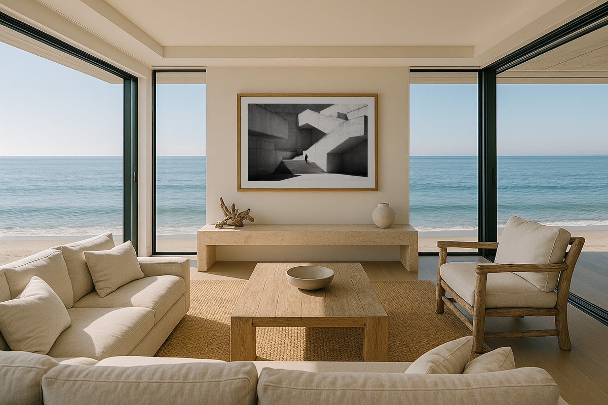 Brutalist Staircase wall art print, framed with a white border, in a dark staircase entry