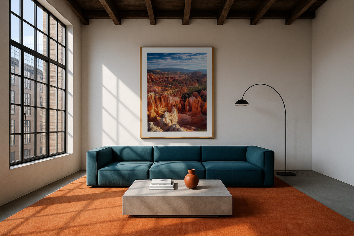 Bryce Amphitheatre wall art print, framed with a white border, in a cactus garden rug