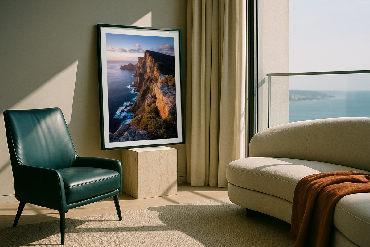 Cape Hauy wall art print, framed with a white border, in a leaning surf shack